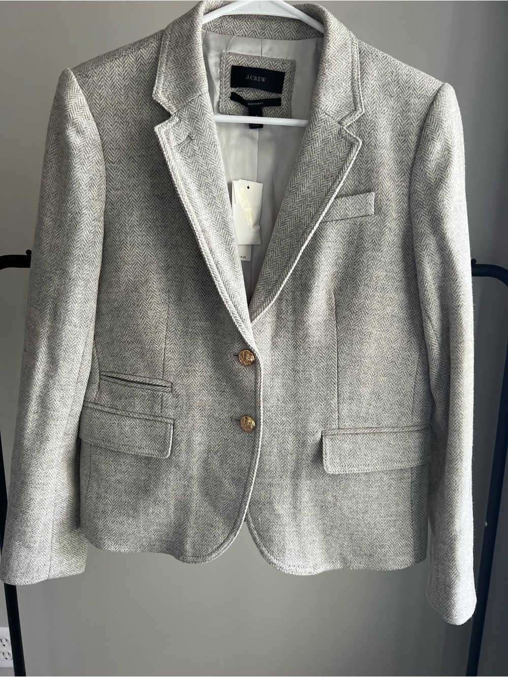 J. Crew Light Gray Herringbone Wool-Blend Blazer with Gold Buttons